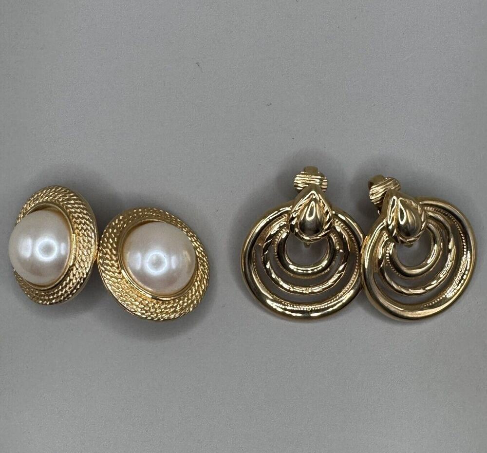 Lot of 2 Pairs of Gold Tone Vintage 80's Clip On Earrings - Marvela Faux Pearl